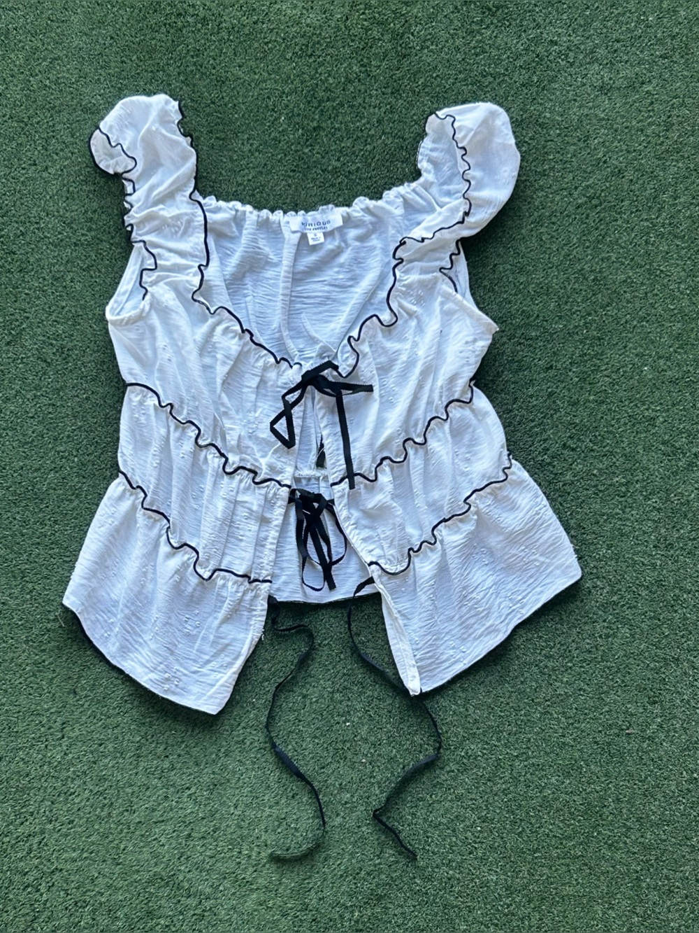Ruffle-Trim Tie-Front Chemise in White with Black Trim